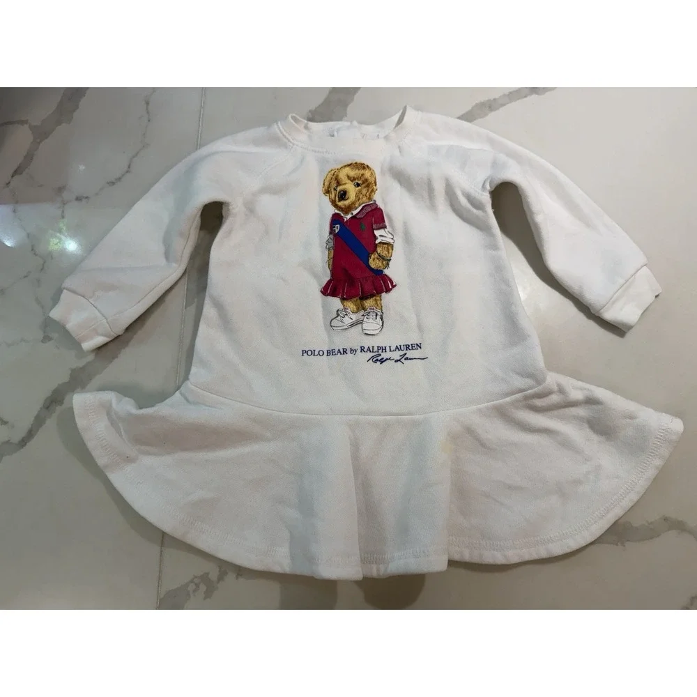 Ralph Lauren Rugby Polo Bear Fleece Dress 6 Months White Ruffle Long Sleeve